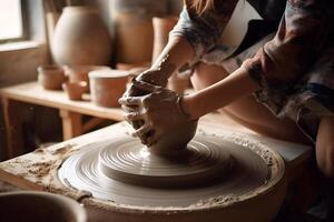 AI generated master is working on a potter's wheel, in an apron, in the style of muted, earthy tones, neural network generated photorealistic image photo