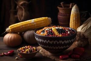 AI generated Kwanzaa - afro-american holiday. Corn bowl and harvest on black background, neural network generated photorealistic image photo