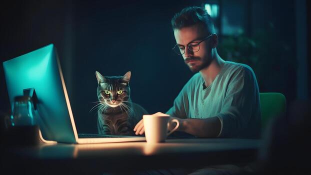 AI generated caucasian man using laptop at working table with his cat at night at home office, neural network generated image photo