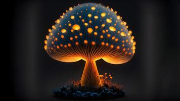 AI generated glowing magic mushroom on black background, neural network generated art photo