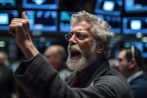 AI generated caucasian man yelling with rised hand in stock exchange, neural network generated image photo
