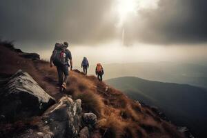 ai generado caminantes alpinismo en montaña. ayuda, riesgo y apoyo concepto. neural red generado imagen foto