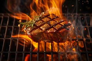 AI generated Tasty beef steak lying on steel grate with fire flames around, neural network generated photorealistic image photo