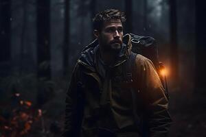 AI generated Young adult Caucasian man lost in autumn forest at evening, neural network generated photorealistic image photo
