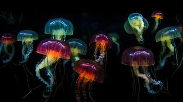 AI generated glowing sea jellyfishes on dark background, neural network generated image photo