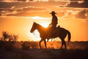 ai generado silueta de un vaquero en un caballo a atardecer, neural red generado fotorrealista imagen foto