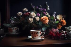 AI generated cup of coffee and flowers on the table, neural network generated photorealistic image photo