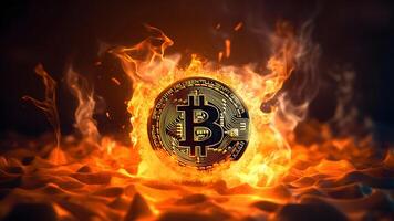 ai generado bitcoin en fuego, neural red generado fotorrealista imagen foto