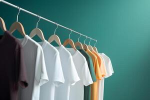 AI generated Hangers with blank monocolor t-shirts on turquoise background, neural network generated image photo