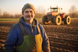 AI generated Farmer in the middle of his plowing field in spring, in the early morning. Neural network generated photorealistic image photo