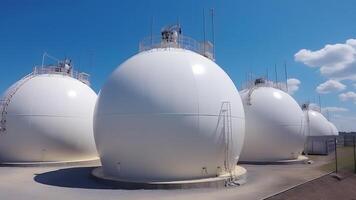 AI generated white spherical tanks for storing hydrogen gas at outdoor storage facility, neural network generated image photo