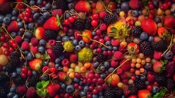 AI generated Berry mix photorealistic colorful full-frame closeup high angle view background, neural network generated image photo