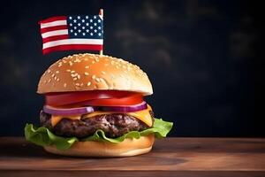 AI generated hamburger with small american flag on it, dark background, US patriotic proud theme, neural network generated image photo