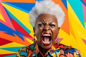 AI generated Angry senior African American woman yelling, head and shoulders portrait on colorful background. Neural network generated photorealistic image. photo