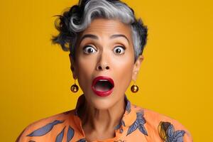 Surprised gray-haired Latin American woman on yellow background. Neural network generated photorealistic image. photo