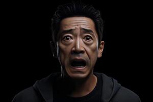 AI generated Surprised Asian man on black background. Neural network generated photorealistic image. photo