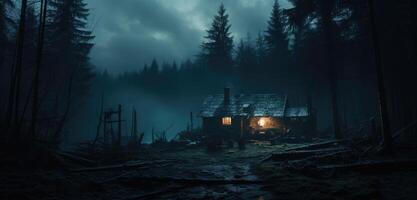 AI generated cabin in the dark forest winter forest wallpaper photo