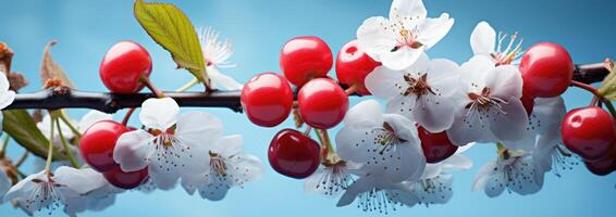 AI generated cherries wallpapers on branches with blue background photo