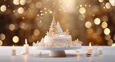 ai generado Navidad Boda pastel con árbol y copos de nieve en el antecedentes foto