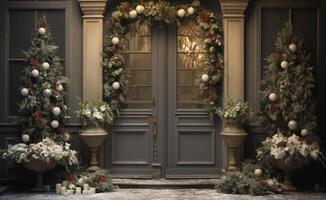 ai generado Navidad puerta decoración frente puertas y porches foto