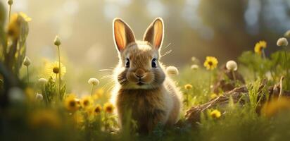 AI generated cute easter bunny sitting in the grass with sunshine photo