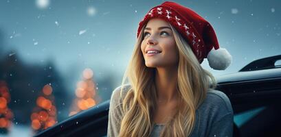 AI generated christmas time girl in christmas hat standing on the roof of the car photo