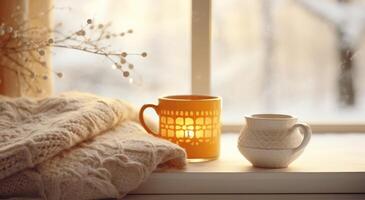 ai generado Navidad Mañana con un taza en un ventana umbral con invierno arboles foto