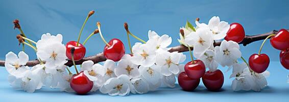 AI generated cherries wallpapers on branches with blue background photo