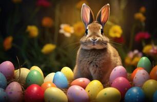 AI generated an easter bunny is looking at a group of colorful eggs photo