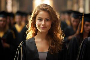 ai generado un joven mujer con diploma en frente de un multitud de graduados, foto