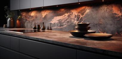 AI generated black kitchen with light golden marble counter top photo
