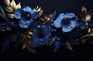 AI generated blue tropical flowers with leaves on blue background photo