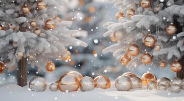 ai generado Navidad árbol con Brillantina pelotas colgando en ramas en antecedentes foto