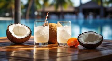 AI generated coconuts on beach table near blue reflection of swimming pool with coconut cocktails, tan photo