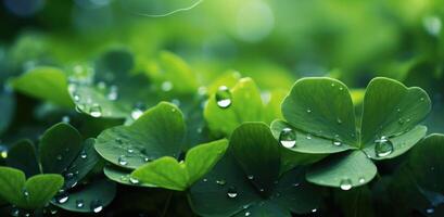 AI generated clover leaves and grasses near green background with water droplets photo