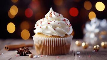 AI generated christmas white cupcake with cinnamon stick photo