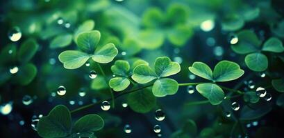 AI generated clover leaves and grasses near green background with water droplets photo
