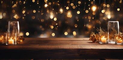 AI generated christmas lights on wooden background photo