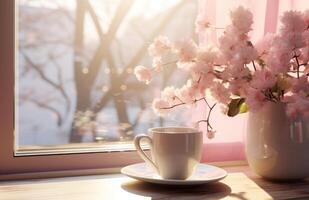 AI generated coffee cup on the table next to tulips and a vase photo