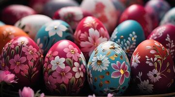 ai generado vistoso, pintado a mano Pascua de Resurrección huevos de un antiguo estilo con flores foto