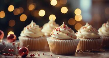 AI generated cupcake with decorations on top on a table photo