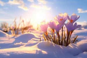 AI generated crocus in snow against the sun winter flowers photo