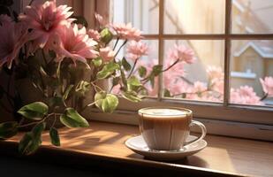 AI generated coffee cup on the table next to tulips and a vase photo
