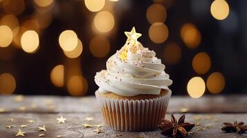 AI generated christmas white cupcake with cinnamon stick photo