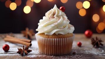 AI generated christmas white cupcake with cinnamon stick photo
