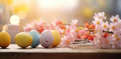 AI generated colored easter eggs in a wooden table and spring blossoms photo