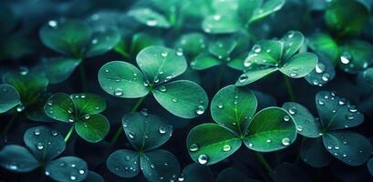 AI generated clover leaves and grasses near green background with water droplets photo