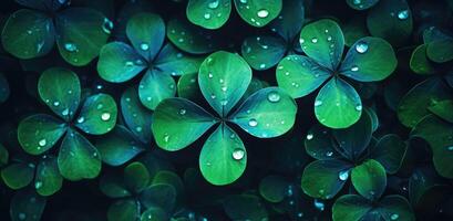 AI generated clover leaves and grasses near green background with water droplets photo