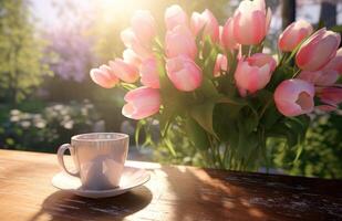 AI generated coffee cup on the table next to tulips and a vase photo