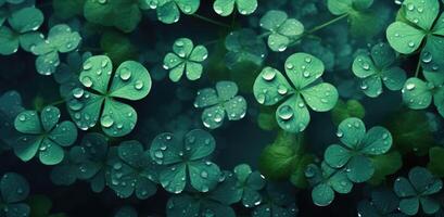 AI generated clover leaves and grasses near green background with water droplets photo